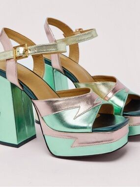 Nasty Gal Metallic Green, Pink & Gold Platform Sandals